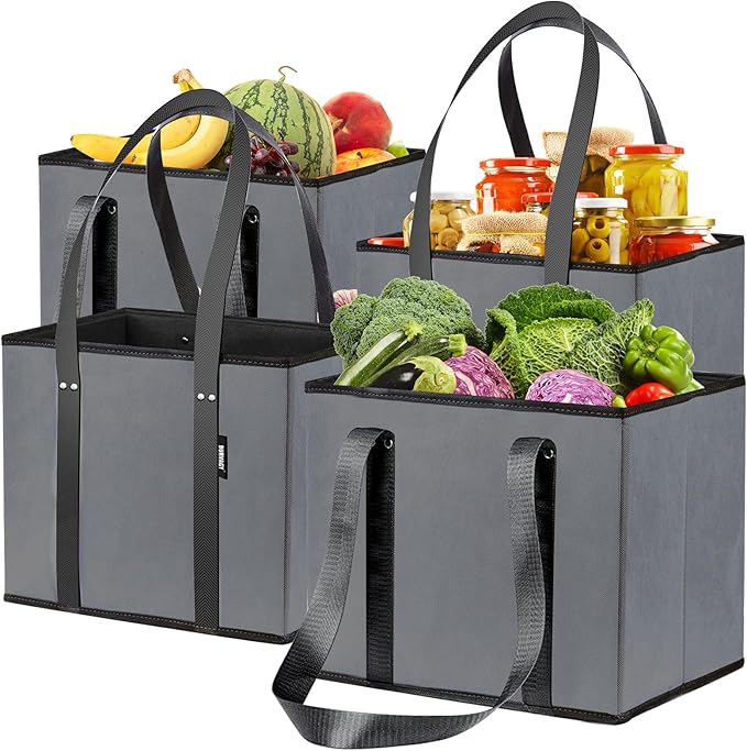BURVAGY 4 Pack Reusable Grocery Bags - Heavy Duty Reusable Shopping Bags with Box Shape to Stand Up, Stay Open, Fold Flat - Foldable Grocery Tote Bag with Long Handles & Reinforced Bottom Grey