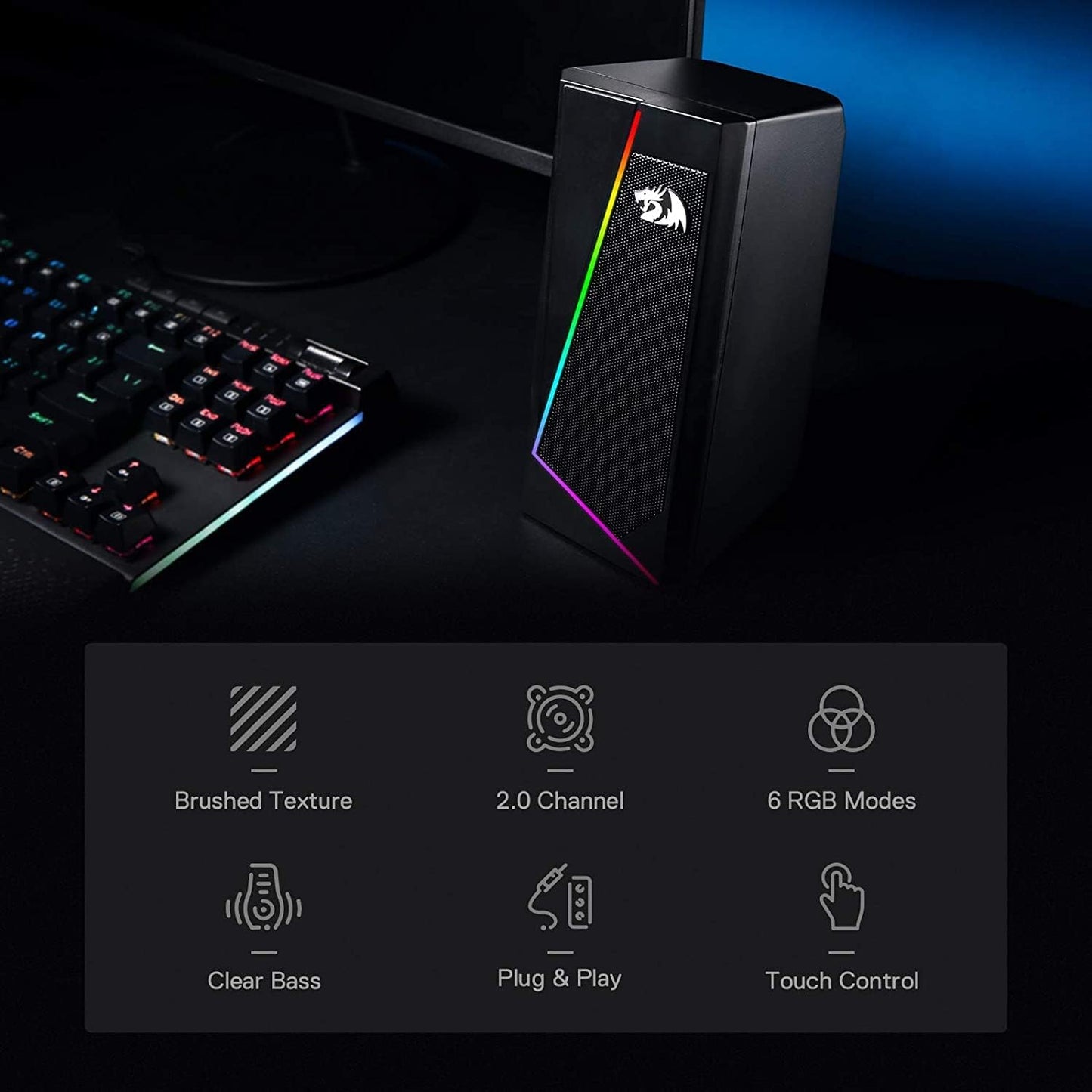 Redragon GS520 Anvil RGB Desktop Speakers, 2.0 Channel PC Computer Stereo Speaker with 6 Colorful LED Modes, Enhanced Bass and Easy-Access Volume Control, USB Powered w/ 3.5mm Cable