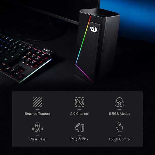 Redragon GS520 Anvil RGB Desktop Speakers, 2.0 Channel PC Computer Stereo Speaker with 6 Colorful LED Modes, Enhanced Bass and Easy-Access Volume Control, USB Powered w/ 3.5mm Cable - PuriLite