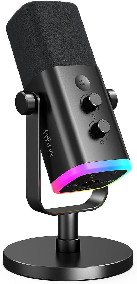 Fifine XLR/USB Dynamic Podcasting Microphone, Gaming Studio Computer PC Mic with RGB, Mute Button, Headphones Jack, Desktop Stand for Streaming Recording Vocal VoiceOver YouTube Singing-AM8