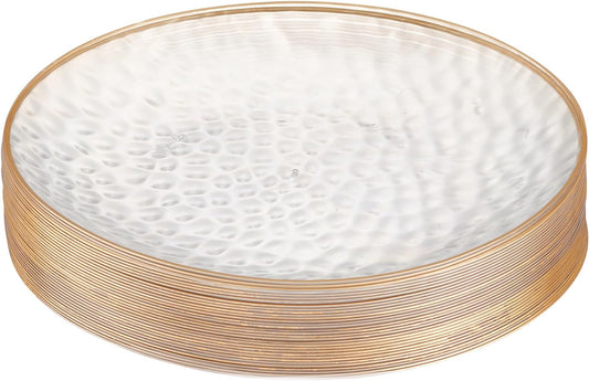 30 Pack Hammered Plastic Plates Heavyweight Disposable Plastic Plates Elegant Clear Hammered Rim Platsic Party Dishes (Hamered Clear With Gold Rim, 7'' INCH PLATES)