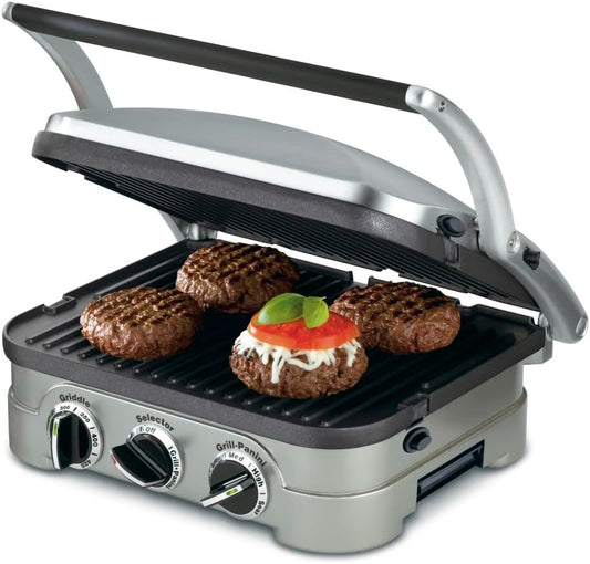 Cuisinart 5-in-1 Griddler with Reversible Nonstick Grill and Griddle Plates, Silver (CGR-4NEC)