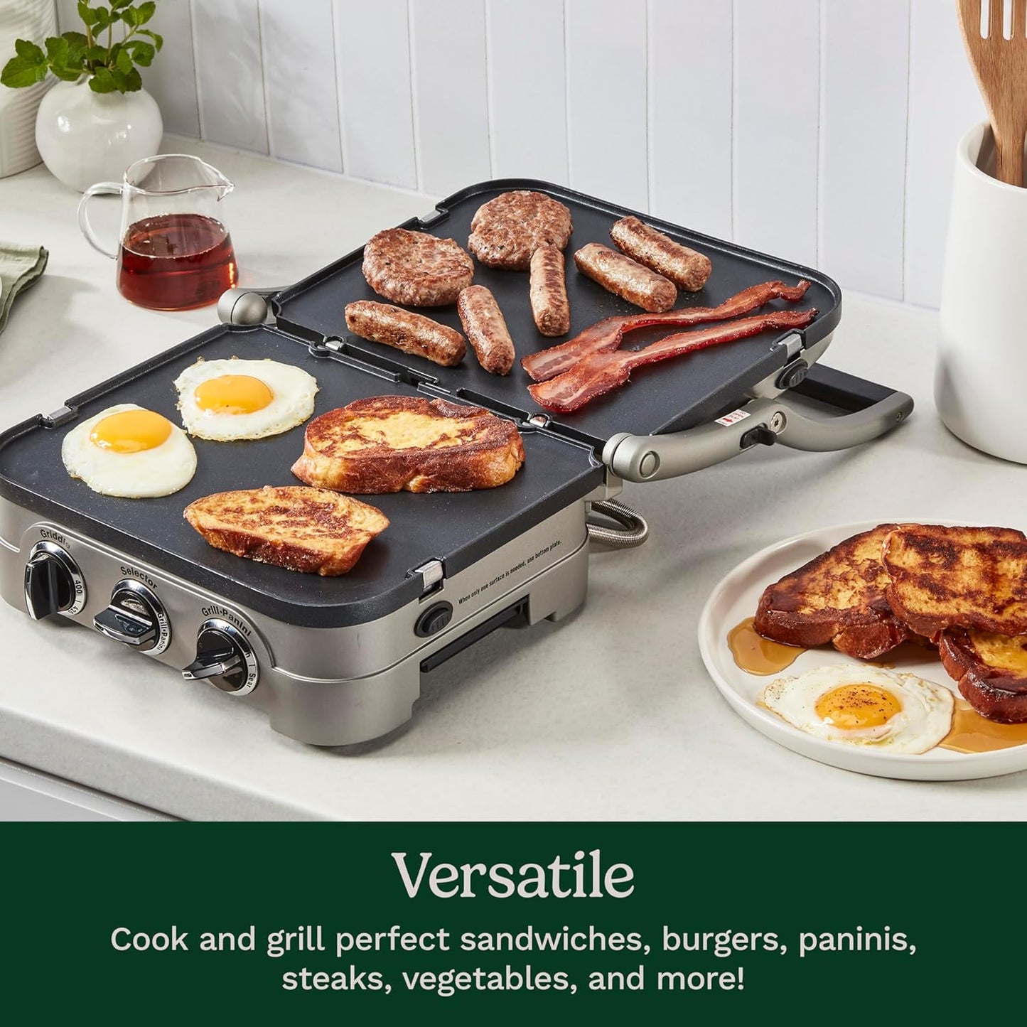 Cuisinart 5-in-1 Griddler with Reversible Nonstick Grill and Griddle Plates, Silver (CGR-4NEC)