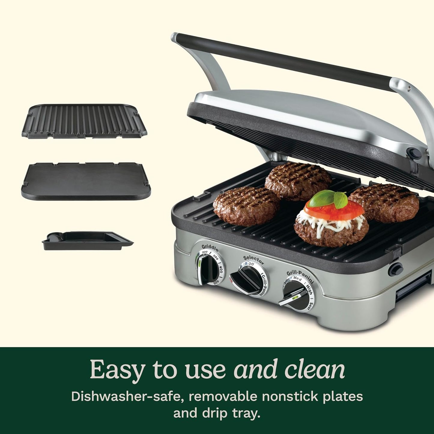 Cuisinart 5-in-1 Griddler with Reversible Nonstick Grill and Griddle Plates, Silver (CGR-4NEC)