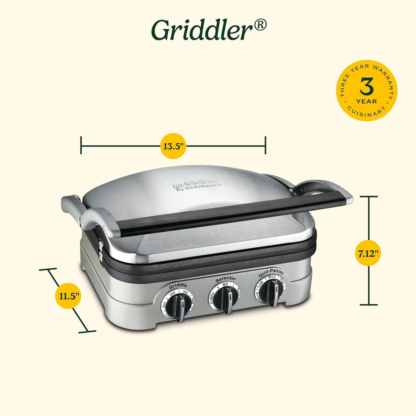 Cuisinart 5-in-1 Griddler with Reversible Nonstick Grill and Griddle Plates, Silver (CGR-4NEC)