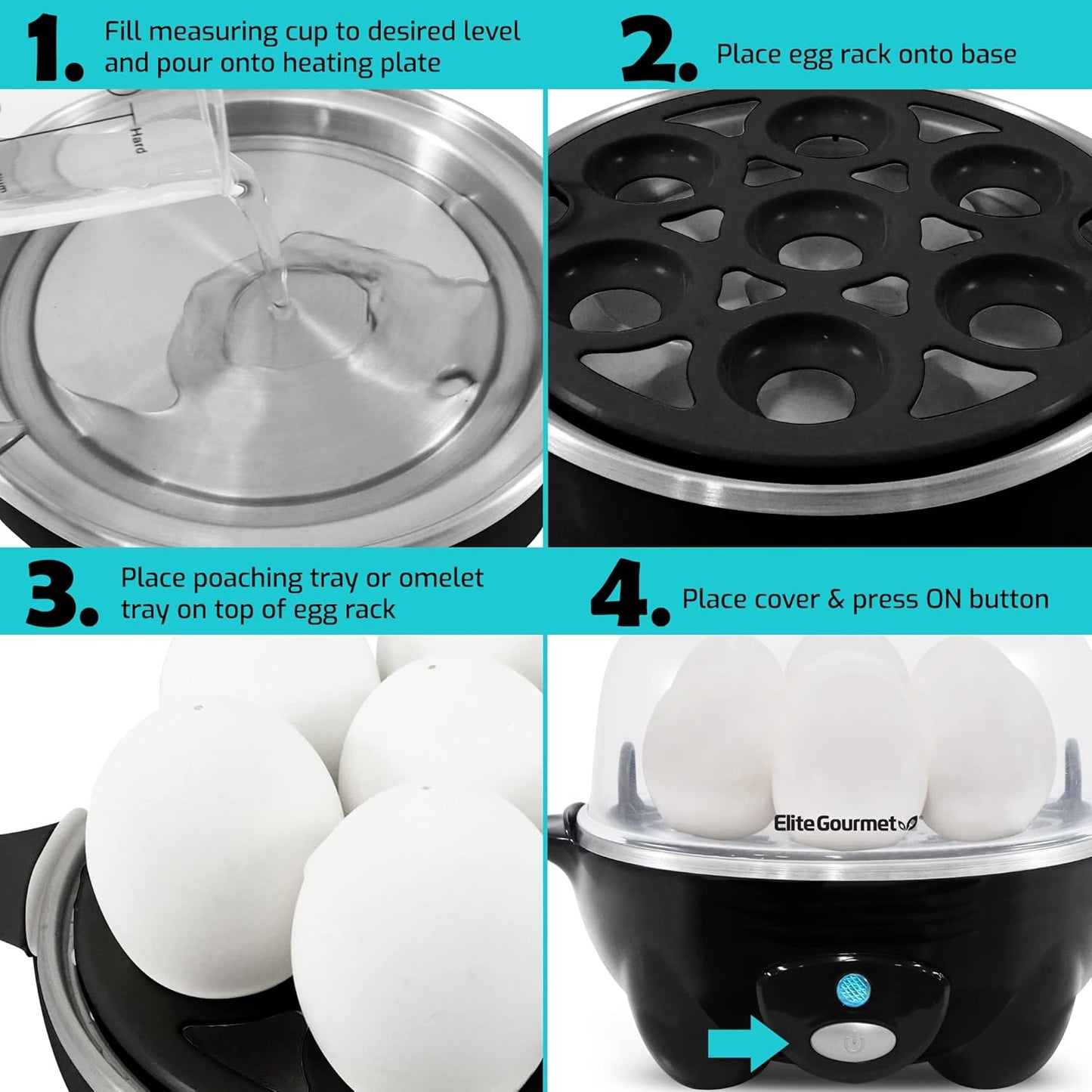 Elite Gourmet EGC-007B# Rapid Egg Cooker, 7 Easy-To-Peel, Hard, Medium, Soft Boiled Eggs, Poacher, Omelet Maker, Auto Shut-Off, Alarm, 16-Recipe Booklet, BPA-Free, Black