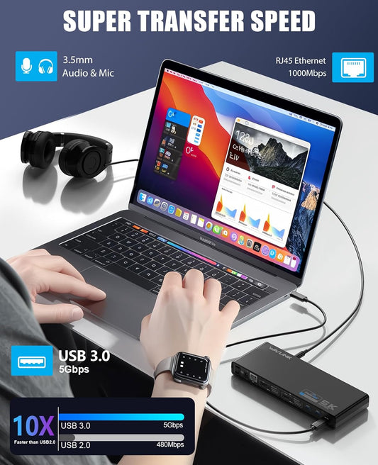 WAVLINK USB 3.0 and USB-C Dual 4K Display Universal Laptop Docking Station with DisplayPort and HDMI Docking Staion Dual Monitor for Mac, Windows(2 HDMI, 2 DP, Gigabit Ethernet, 6 USB 3.0, Audio) - PuriLite