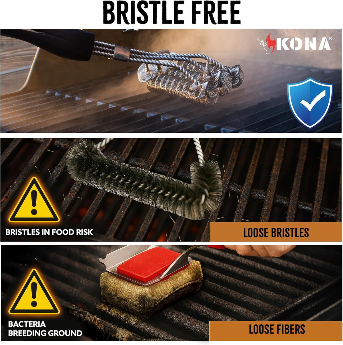 Bristle-Free Stainless Steel Grill Brush with Long Handle, Safe BBQ Cleaner for Porcelain, Ceramic, Cast Iron and Steel Grills - PuriLite