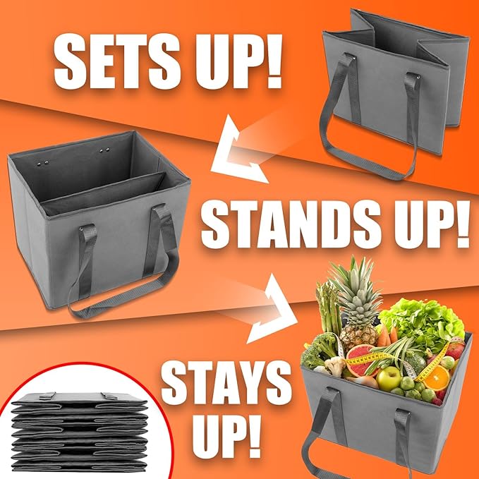 BURVAGY 4 Pack Reusable Grocery Bags - Heavy Duty Reusable Shopping Bags with Box Shape to Stand Up, Stay Open, Fold Flat - Foldable Grocery Tote Bag with Long Handles & Reinforced Bottom Grey