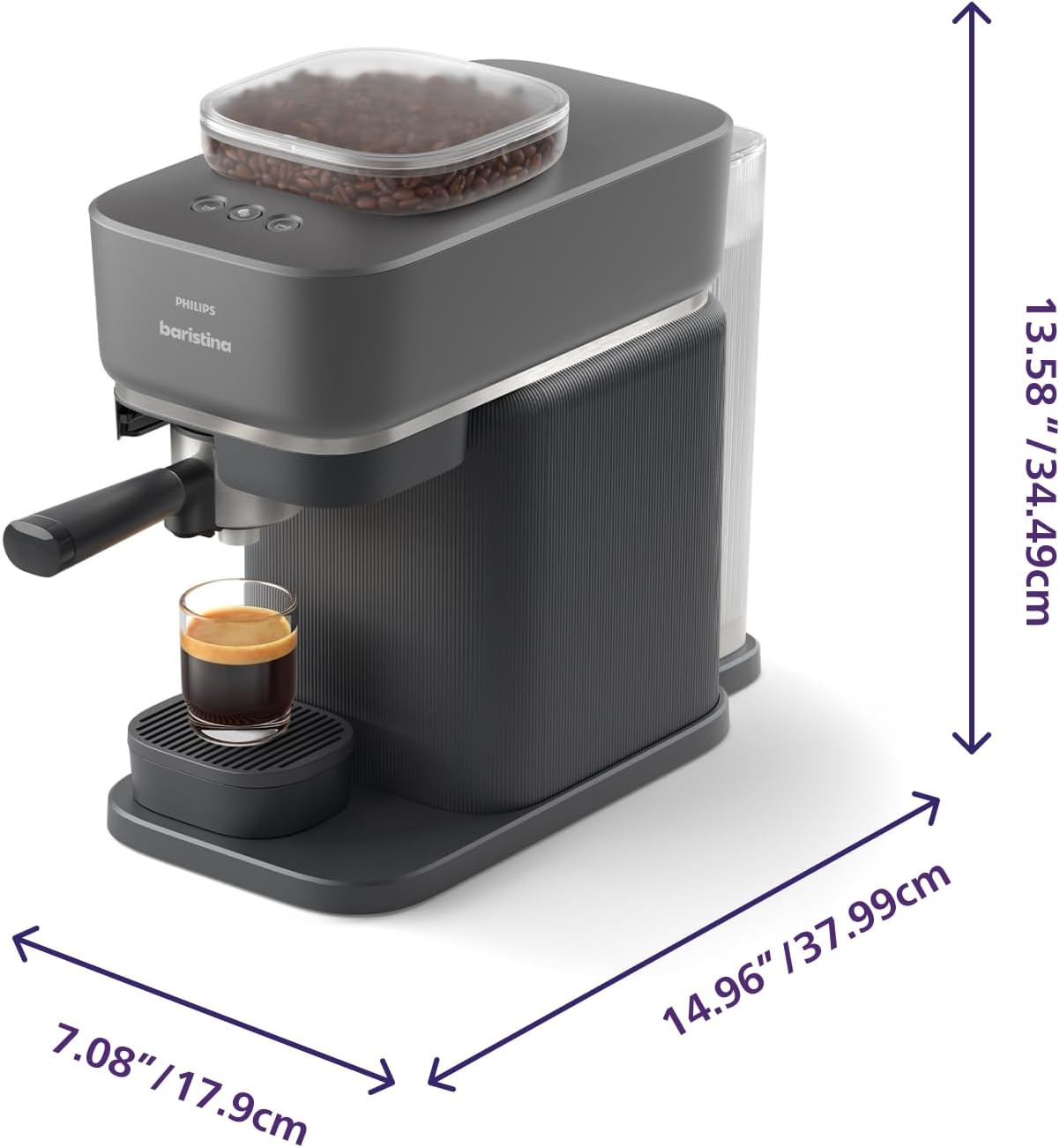 Philips Baristina Espresso Machine - Real espresso, made simple. Compact coffee machine, natural black with black portafilter, 16 bar pump pressure, automatic grinder, Cafe Crema (BAR300/60)
