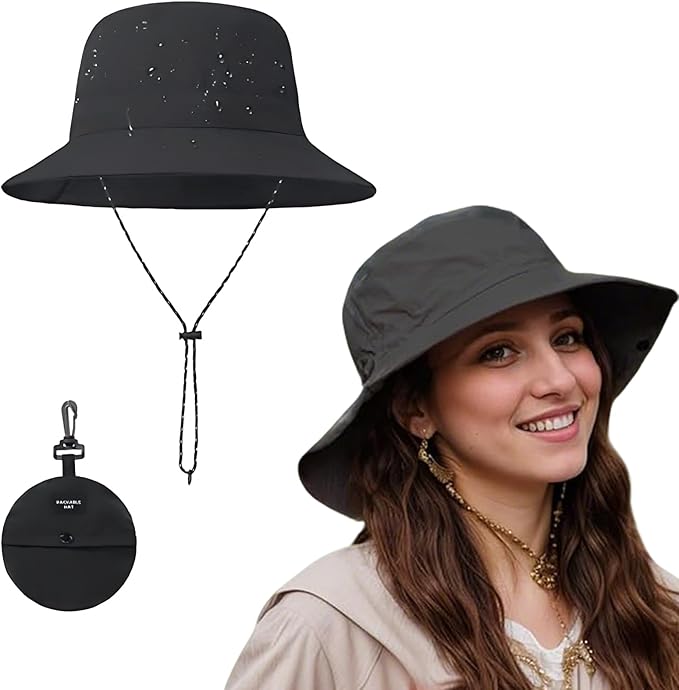 UlifeBetter Packable Sun Hat for Men Women, Foldable Black Bucket Hat Outdoor Hat Bucket Rain Hat Waterproof Fishing Hat Beach Hats with String Sun Protection Hat Sun Blocking for Camping Hiking