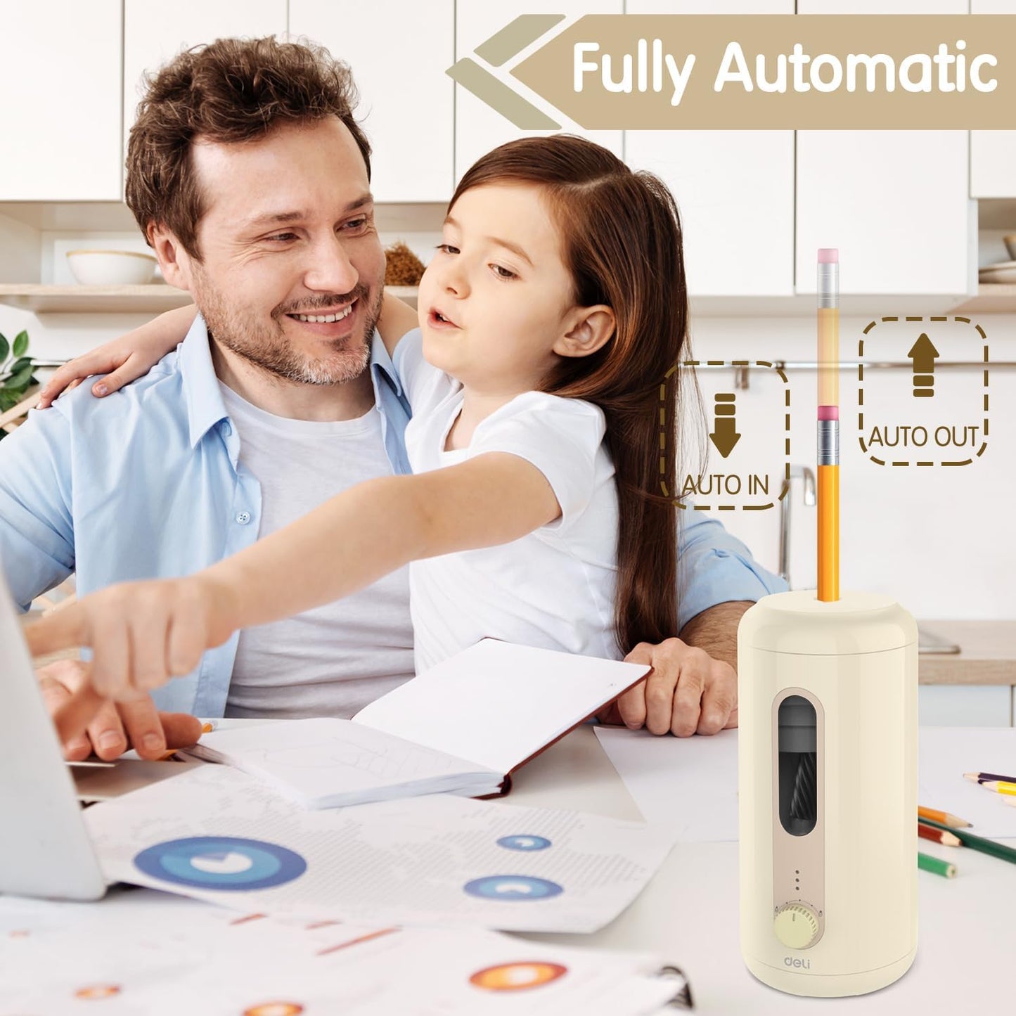 Deli Electric Pencil Sharpener, Fully Automatic Pencil Sharpener, Auto in & Out, Rechargeable Hands-Free Pencil Sharpener for 6.9-12mm, Home, Classroom, Battery Operated, Beige