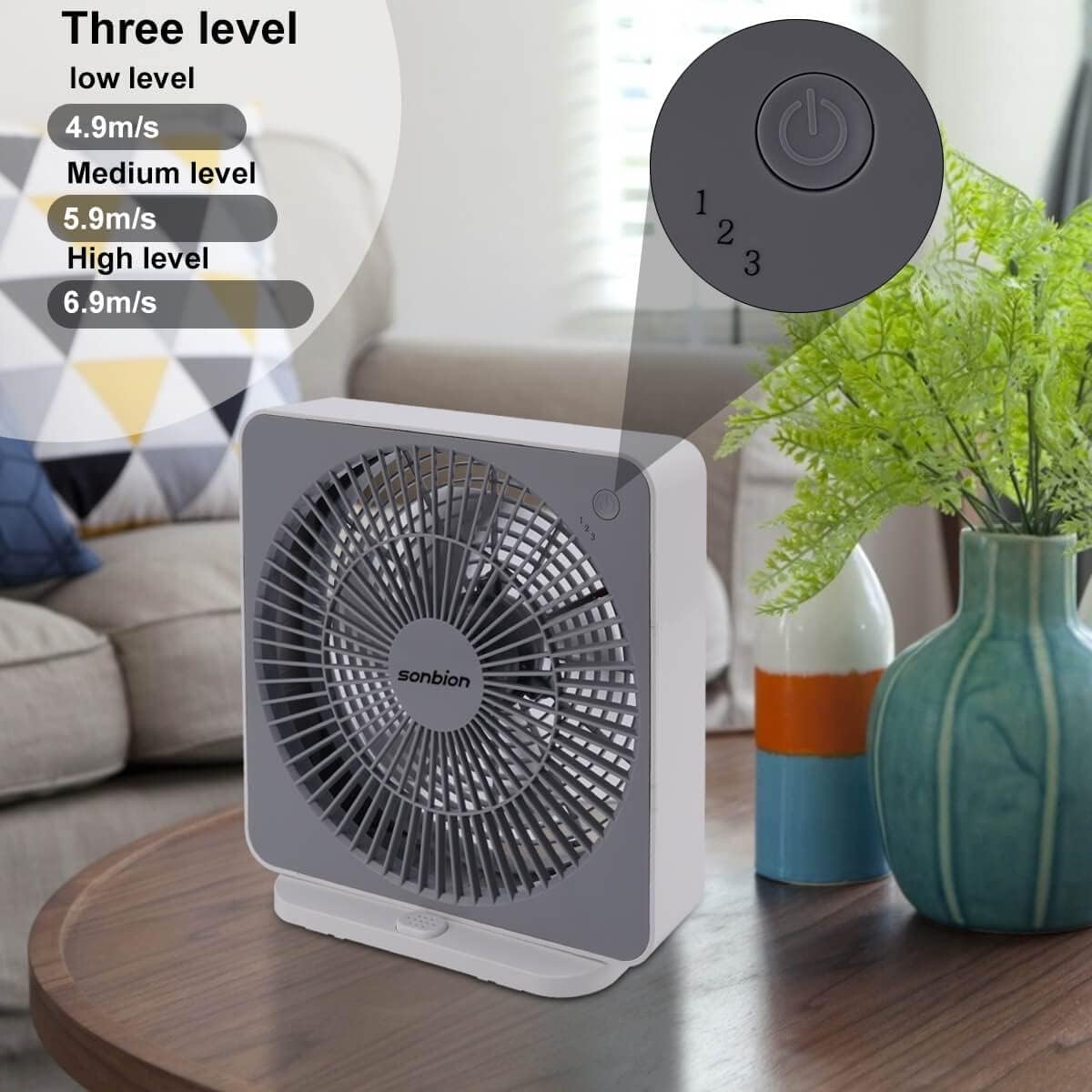 Box Fan, Three Speeds Window Table Cooling Fan 10 Inch DC Desk Fan with Plug-In AC Adapter, Strong Wind,Quiet Operation Work Fan for Home Bedroom Office Desk Outdoor Travel