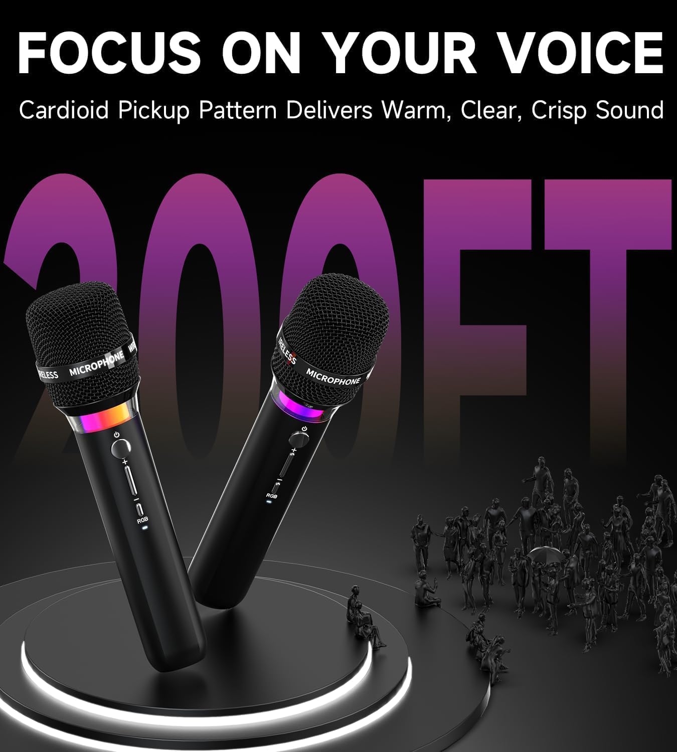 Wireless Microphone, Rechargeable Wireless Dual Microphones with One-to-One Chip Connection and LED Lights, 40H Duration, 200FT Range Receiving, Less Latency Karaoke Microphone for Singing