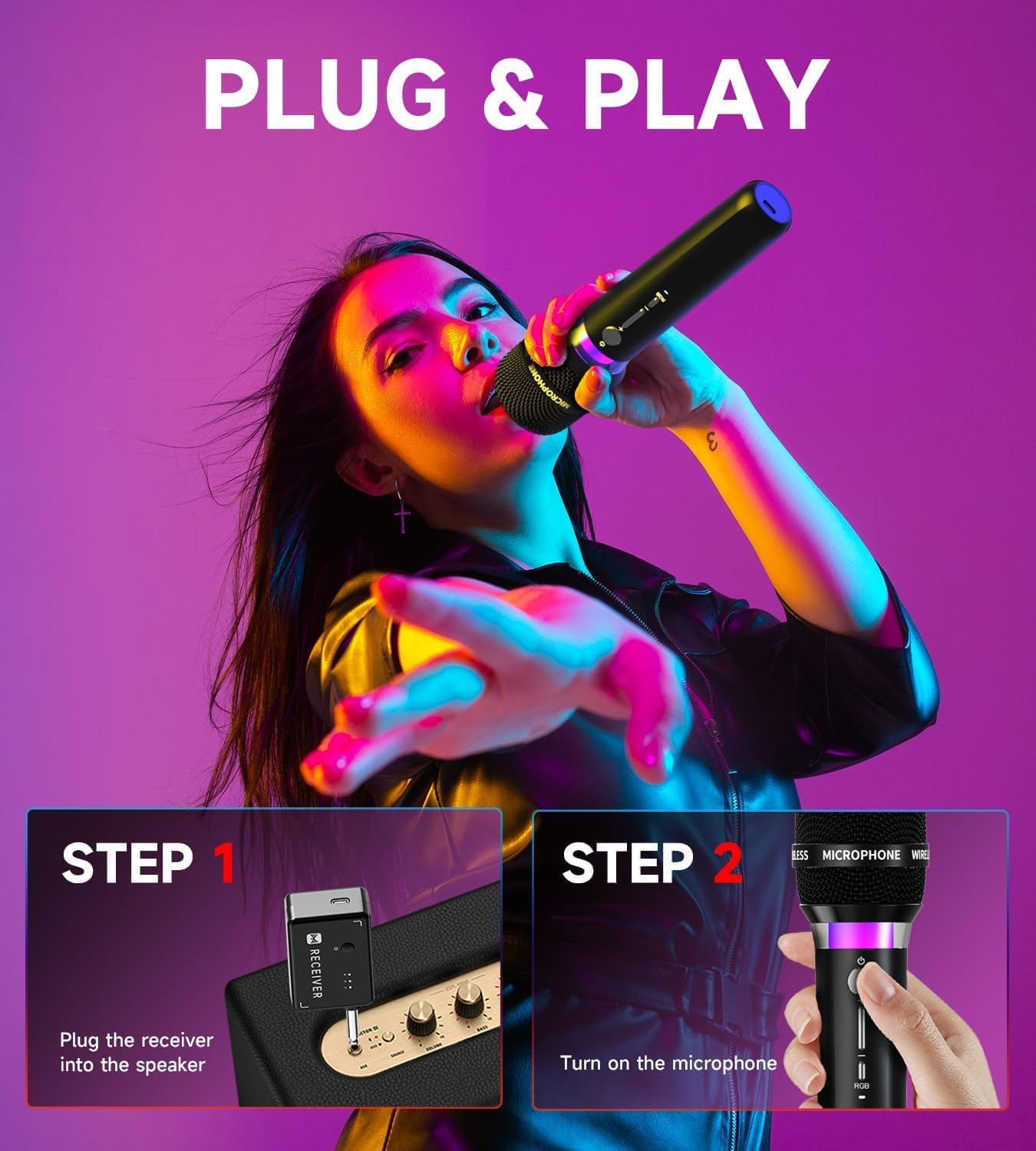 Wireless Microphone, Rechargeable Wireless Dual Microphones with One-to-One Chip Connection and LED Lights, 40H Duration, 200FT Range Receiving, Less Latency Karaoke Microphone for Singing
