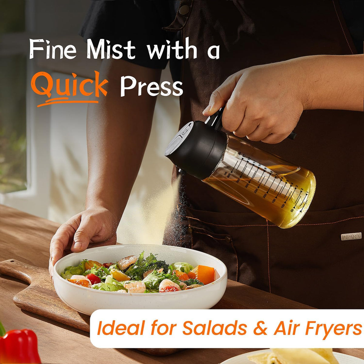 2-in-1 Olive Oil Spray Bottle 470ml, Glass Oil Dispenser with Fine Mist Sprayer for Cooking, Air Fryer, Salad and BBQ Kitchen Use - PuriLite