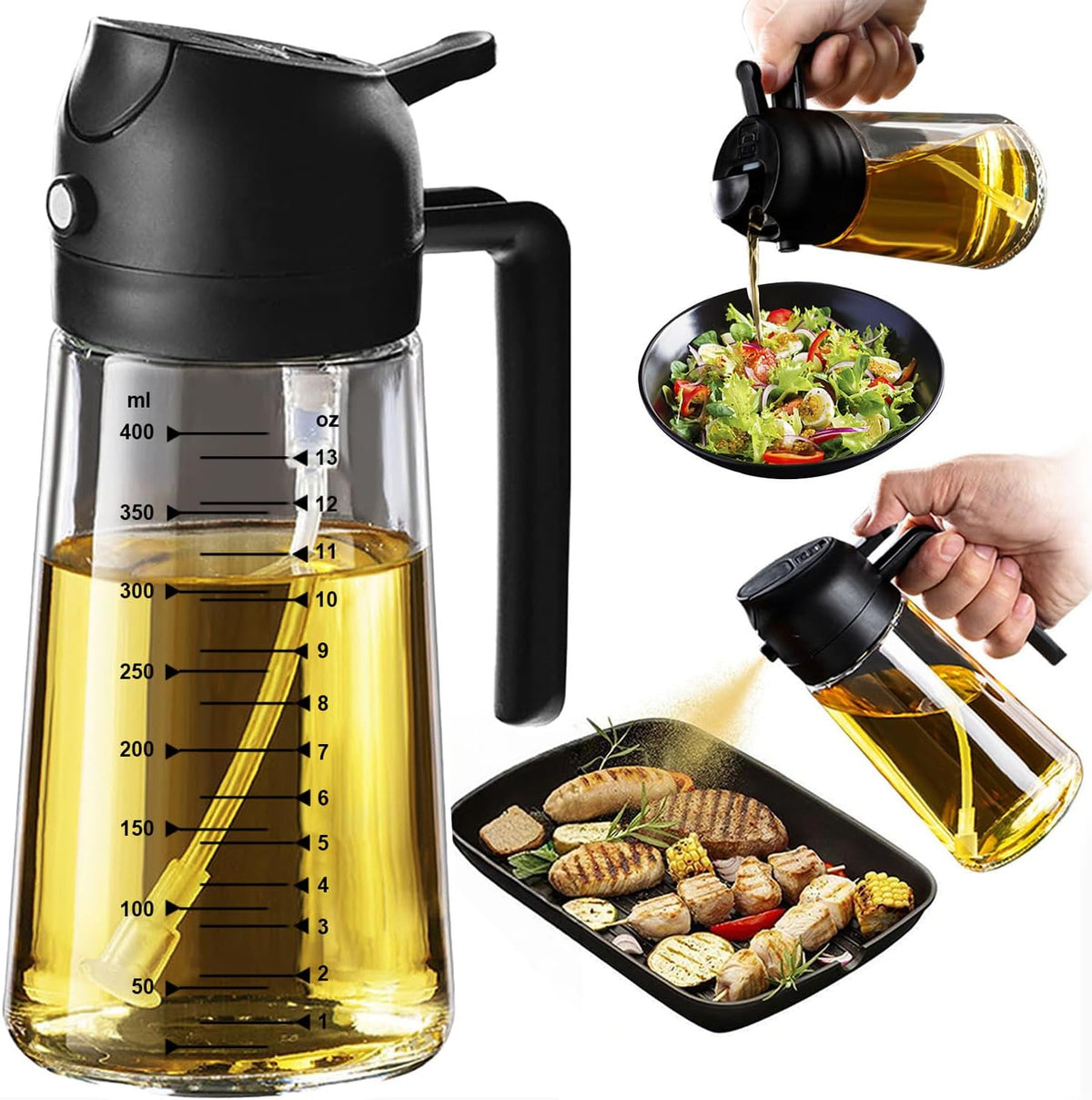 2-in-1 Olive Oil Spray Bottle 470ml, Glass Oil Dispenser with Fine Mist Sprayer for Cooking, Air Fryer, Salad and BBQ Kitchen Use - PuriLite