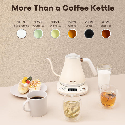 Mecity Electric Gooseneck Kettle With Keep Warm Function & LCD Display Automatic Shut Off Coffee Kettle Temperature Control Pour Over Kettle 1200 Watt, 0.8L, 120V, Off White - PuriLite