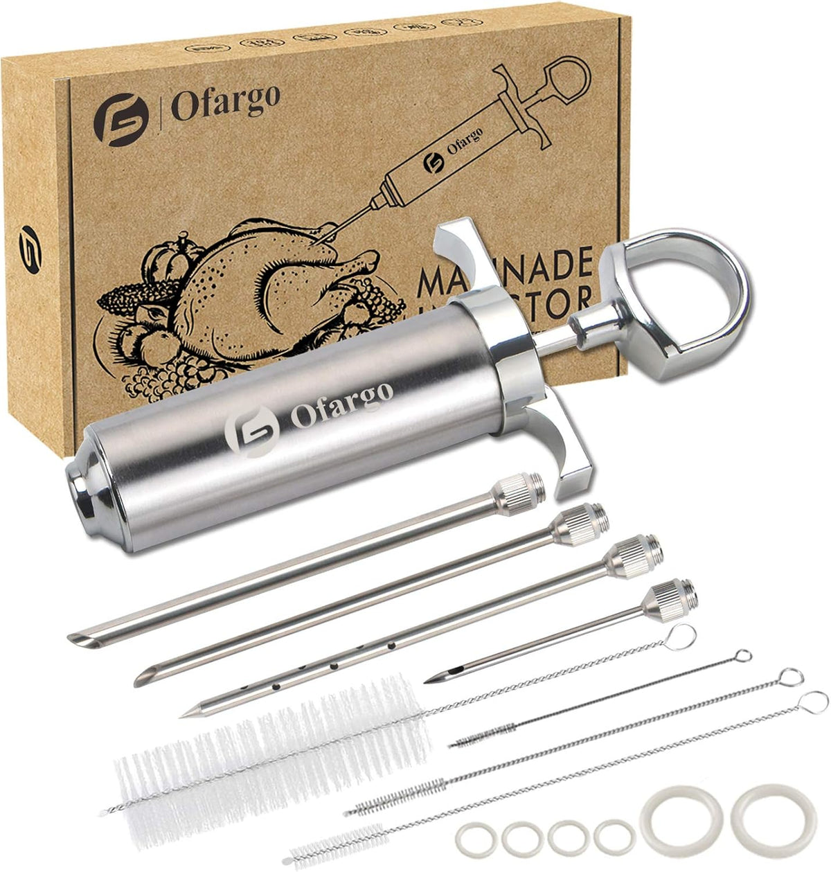 Stainless Steel Meat Injector Syringe Kit 2oz with 4 Marinade Needles, Flavor Injector for BBQ, Grill, Smoker, and Home Cooking – Includes E-Book Recipe Guide - PuriLite