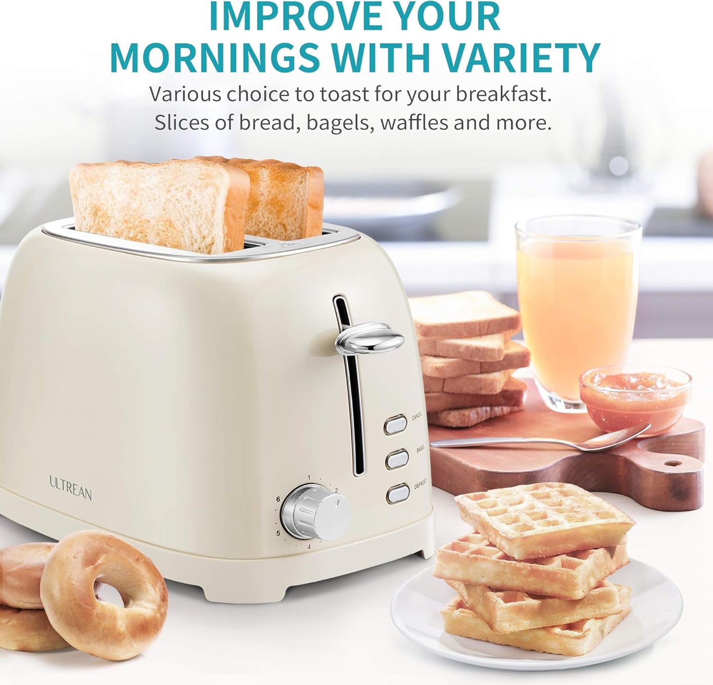 Ultrean Toaster 2 Slice with Extra-Wide Slot, Stainless Steel Toaster with Removable Crumb Tray, Small Toaster with 6 Browning Settings, Cancel, Bagel, Deforest Functions, 825 W