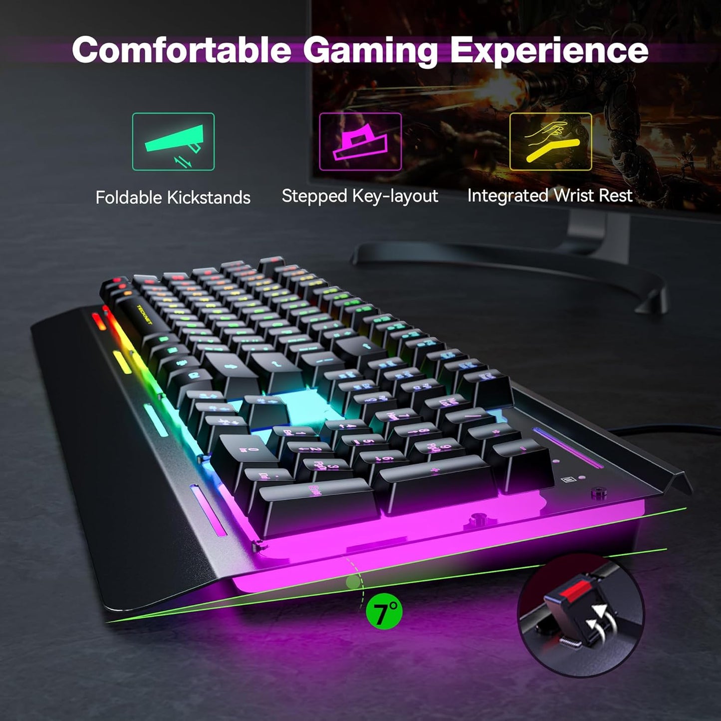 TECKNET Gaming Keyboard,104 Keys All-Metal Panel Computer Keyboard, 15-Zone RGB Illumination, 25 Anti-ghosting Keys, Waterproof LED Backlit USB Wired Keyboard with Wrist Rest for PC, Mac, Laptop