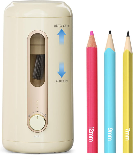 Deli Electric Pencil Sharpener, Fully Automatic Pencil Sharpener, Auto in & Out, Rechargeable Hands-Free Pencil Sharpener for 6.9-12mm, Home, Classroom, Battery Operated, Beige