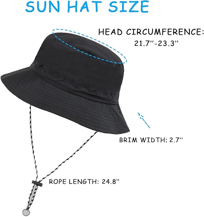 UlifeBetter Packable Sun Hat for Men Women, Foldable Black Bucket Hat Outdoor Hat Bucket Rain Hat Waterproof Fishing Hat Beach Hats with String Sun Protection Hat Sun Blocking for Camping Hiking