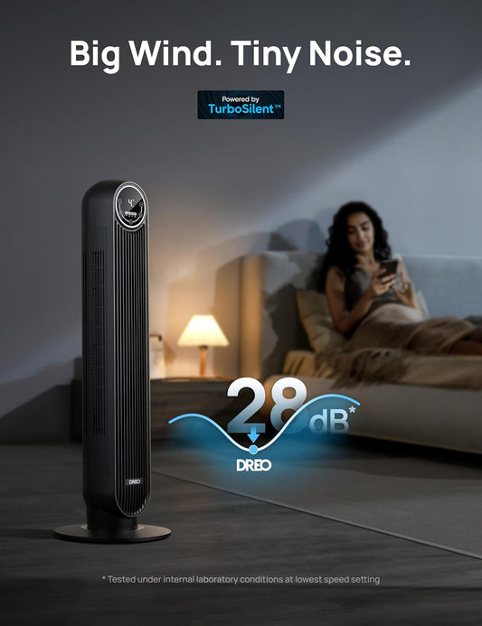 Dreo 28dB Tower Fan for Bedroom, 25ft/s Velocity Portable Cooling Fan, 90° Oscillating Standing Fans for Home, LED Display, 4 Speeds, 4 Modes, Timer, Quiet Electric Bladeless Fan, Remote Control - PuriLite