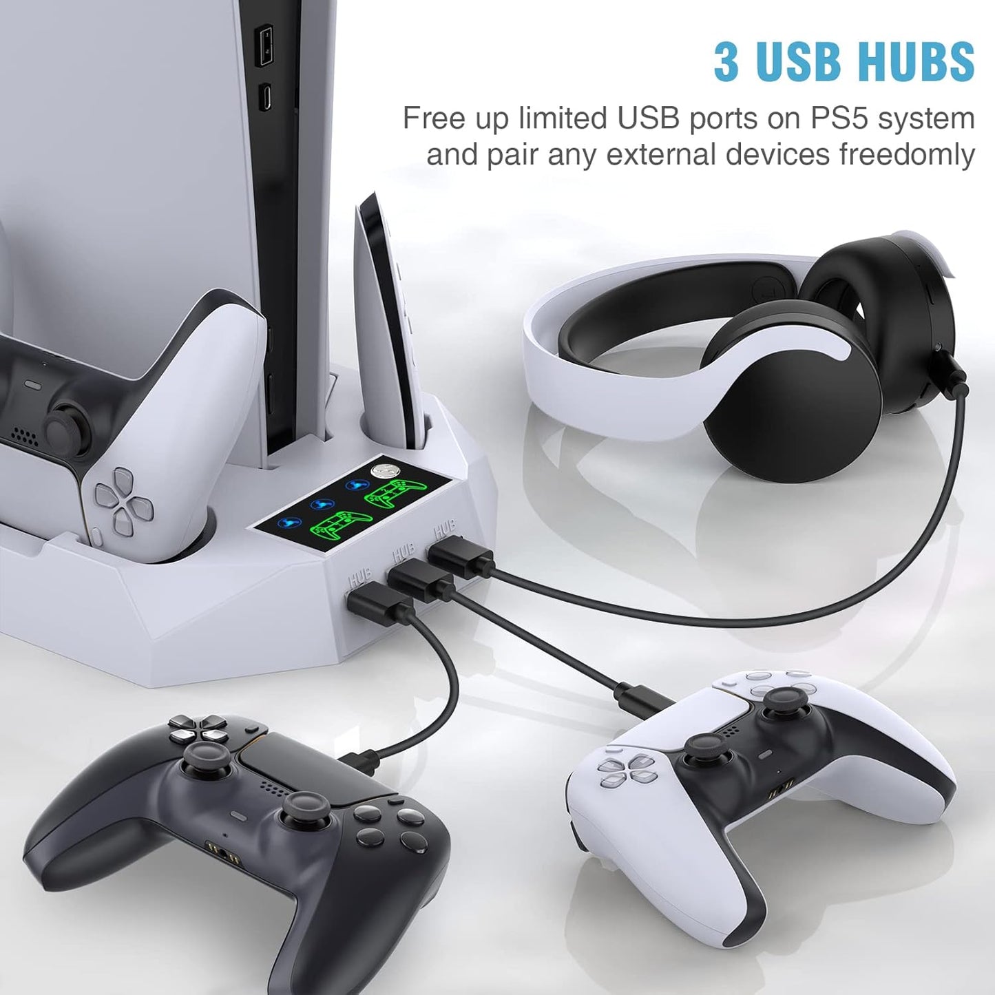 PS5/PS5 Slim/PS5 Pro Stand and Cooling Station with Dual Controller Charging Station for PlayStation 5 Console, PS5 Accessories Incl. Controller Charger, Cooling Fan, Headset Holder, 3 USB Hub, White