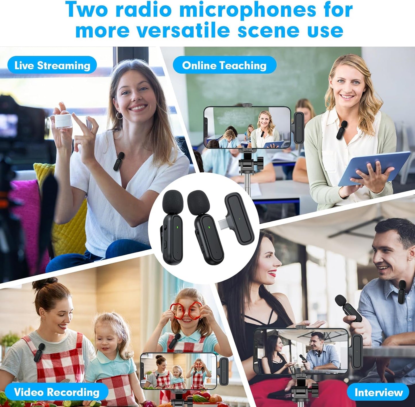 2-Pack Wireless Lavalier Microphone for iPhone iPad Android, Mini Microphone Included Charging Case & Jack Adapter, Noise Reduction Plug-Play Clip on Lapel Mic for Youtuber, Recording,Vlog, Facebook