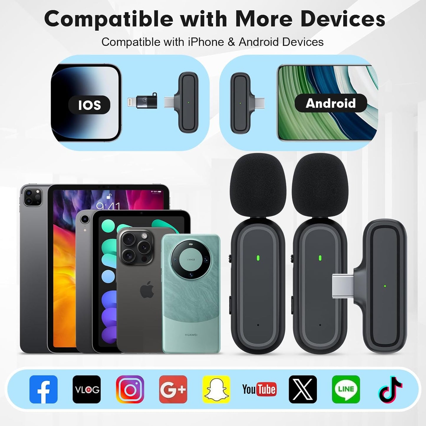 2-Pack Wireless Lavalier Microphone for iPhone iPad Android, Mini Microphone Included Charging Case & Jack Adapter, Noise Reduction Plug-Play Clip on Lapel Mic for Youtuber, Recording,Vlog, Facebook