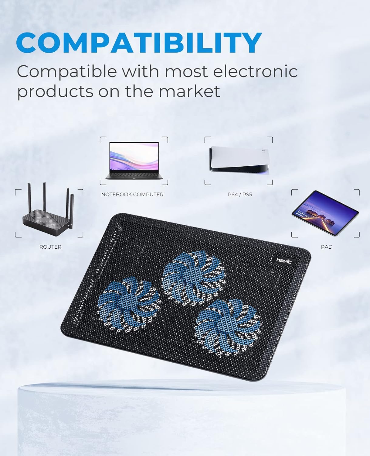 havit Laptop Cooling Pad, HV-F2056 15.6-17'' Slim Portable USB Powered (3 Fans), Black/Blue