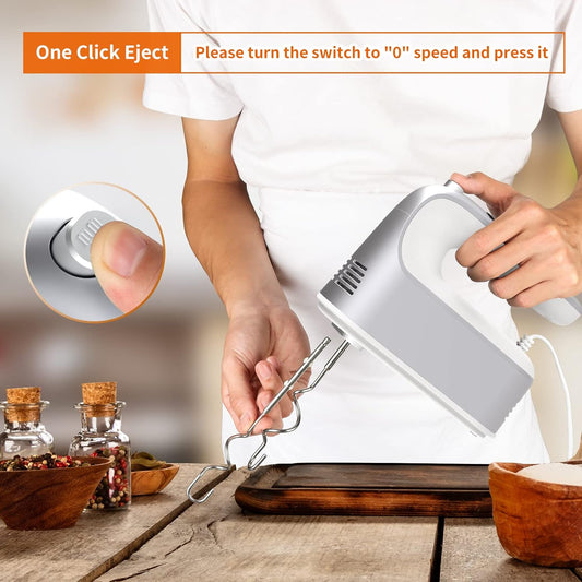 Yomelo 9-Speed Digital Hand Mixer Electric, 400W Powerful DC Motor, Baking Mixer Handheld with Snap-On Storage Case, Touch Button, Turbo Boost, 5 Stainless Steel Accessories, Flat Beaters, Dough Hooks, Whisk (Silvery White) - PuriLite