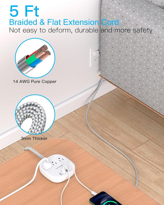 Flat Plug Power Bar with USB C, 5FT Ultra-Thin Extension Cord, 3 Outlet with 4 USB Ports (2 USB C) Desktop Charging Station, No Surge Protection for Cruise Ship, Travel Essentials, Dorm Room - PuriLite