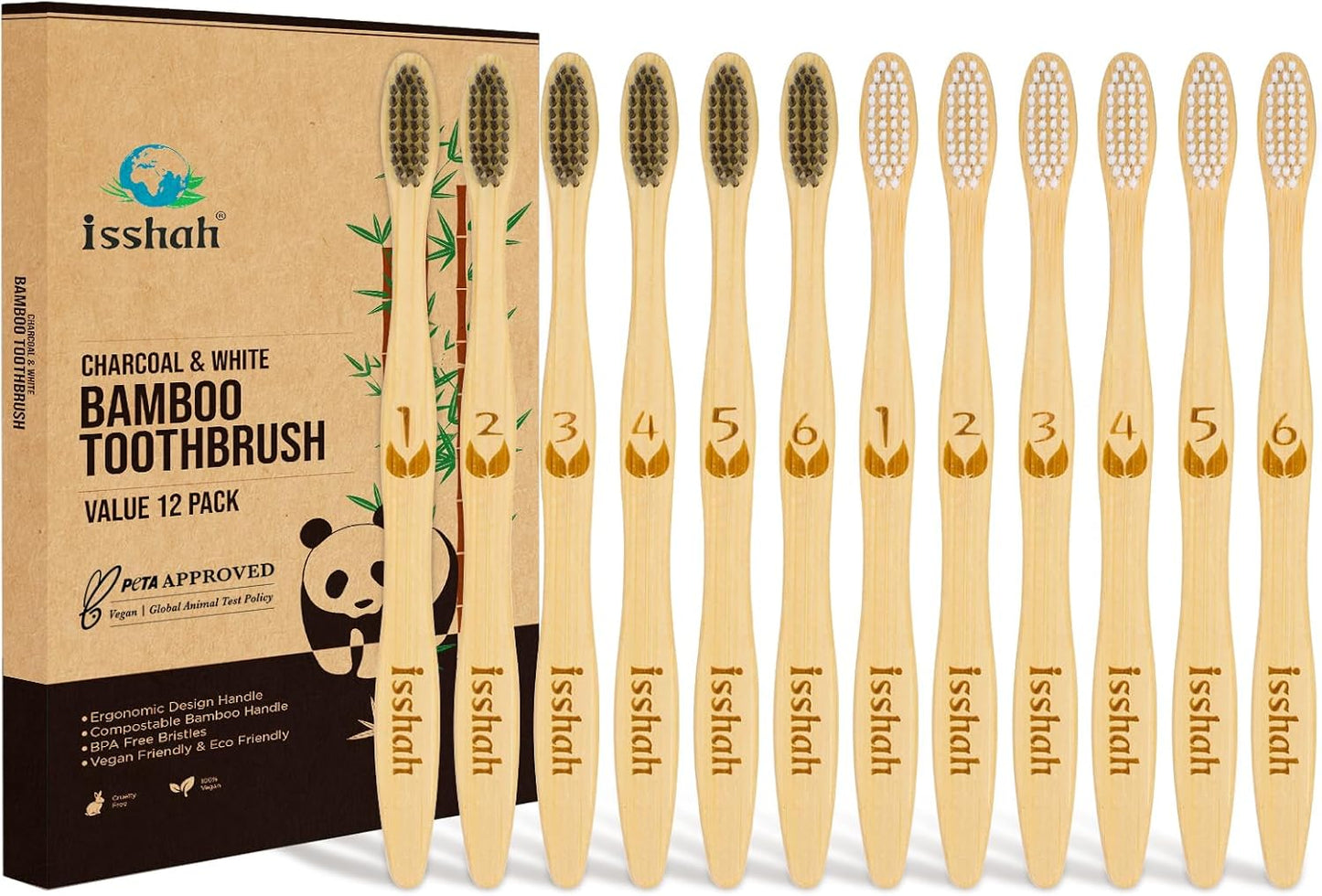 Isshah Biodegradable Eco-Friendly Natural Bamboo Charcoal Toothbrushes, FSC Certified and PETA Approved - 12 Count
