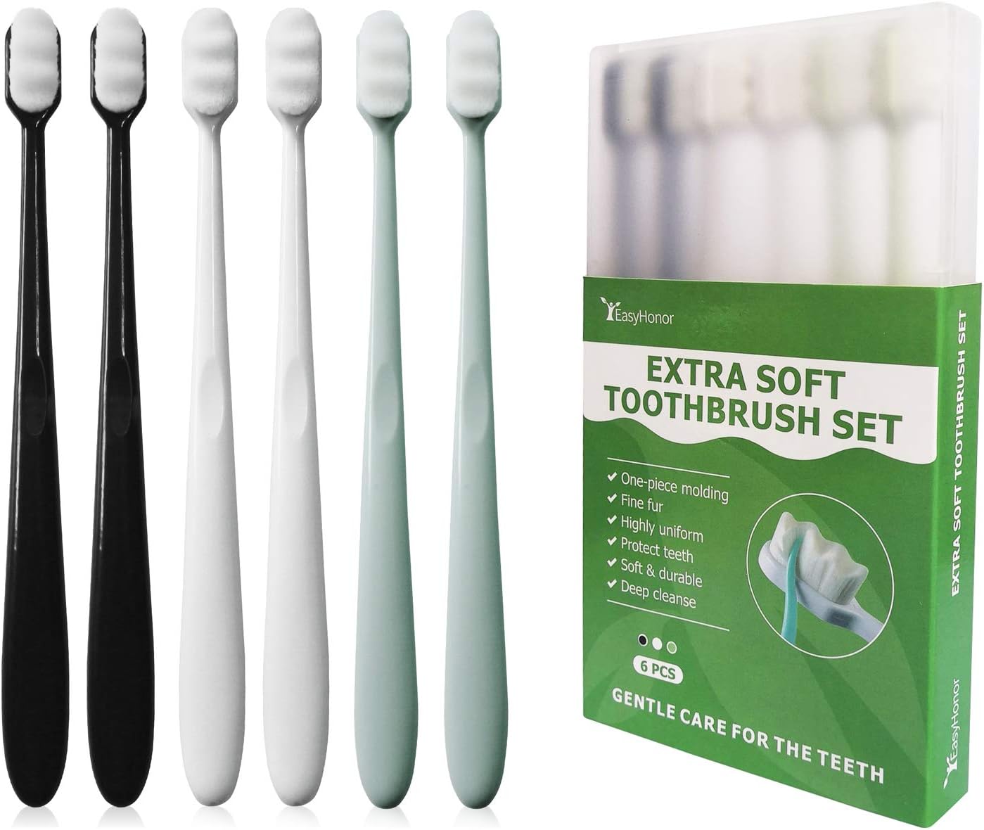 EasyHonor Extra Soft Toothbrush For Sensitive Gums, Micro-Nano Manual Toothbrush with 20000 Soft Floss Bristles 6 packs(white bristles)