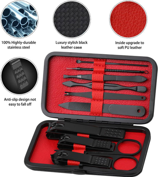 Manicure Set Nail Clippers Kit Professional Stainless Steel Nail Care Tools with Leather Travel Case 10 in 1 Black - PuriLite