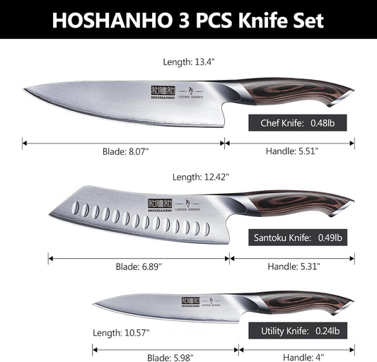 HOSHANHO 3 Pieces Knife Set, Professional Japanese High Carbon Stainless Steel Kitchen Knife Set, Ultra Sharp Chef Knives Sets with Ergonomic Pakkawood Handle
