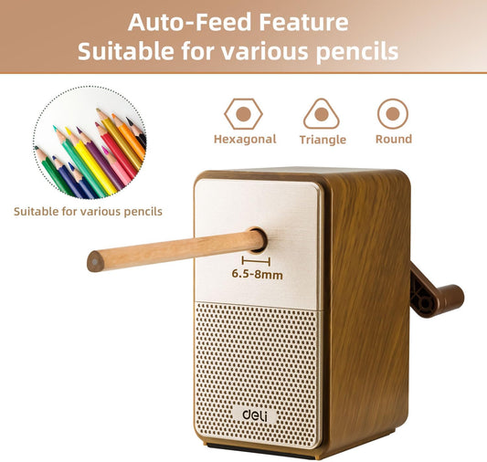 Deli Manual Pencil Sharpener, Auto-in Hand Crank Pencil Sharpener with Adjustable Point for Pencils and Colored Pencils, Pencil Sharpener for Kids, Students, Classroom, Home and Office, Brown