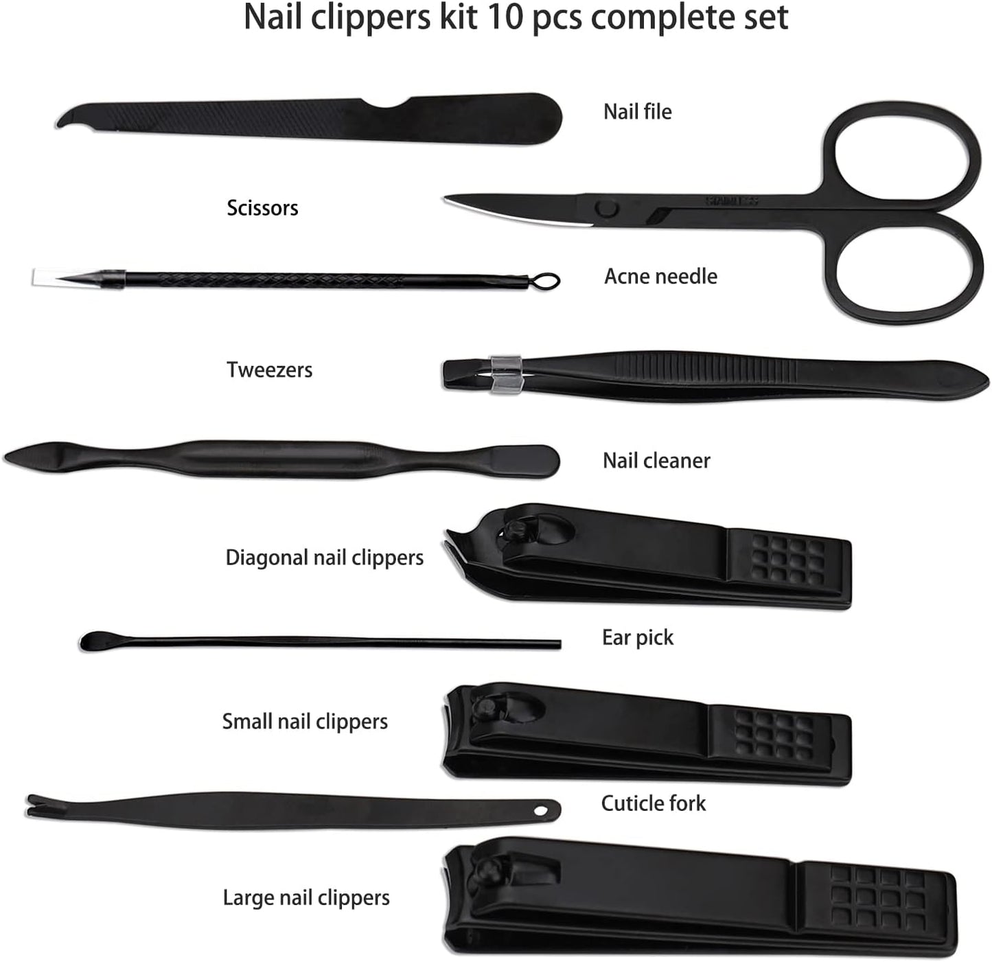 Manicure Set Nail Clippers Kit Professional Stainless Steel Nail Care Tools with Leather Travel Case 10 in 1 Black