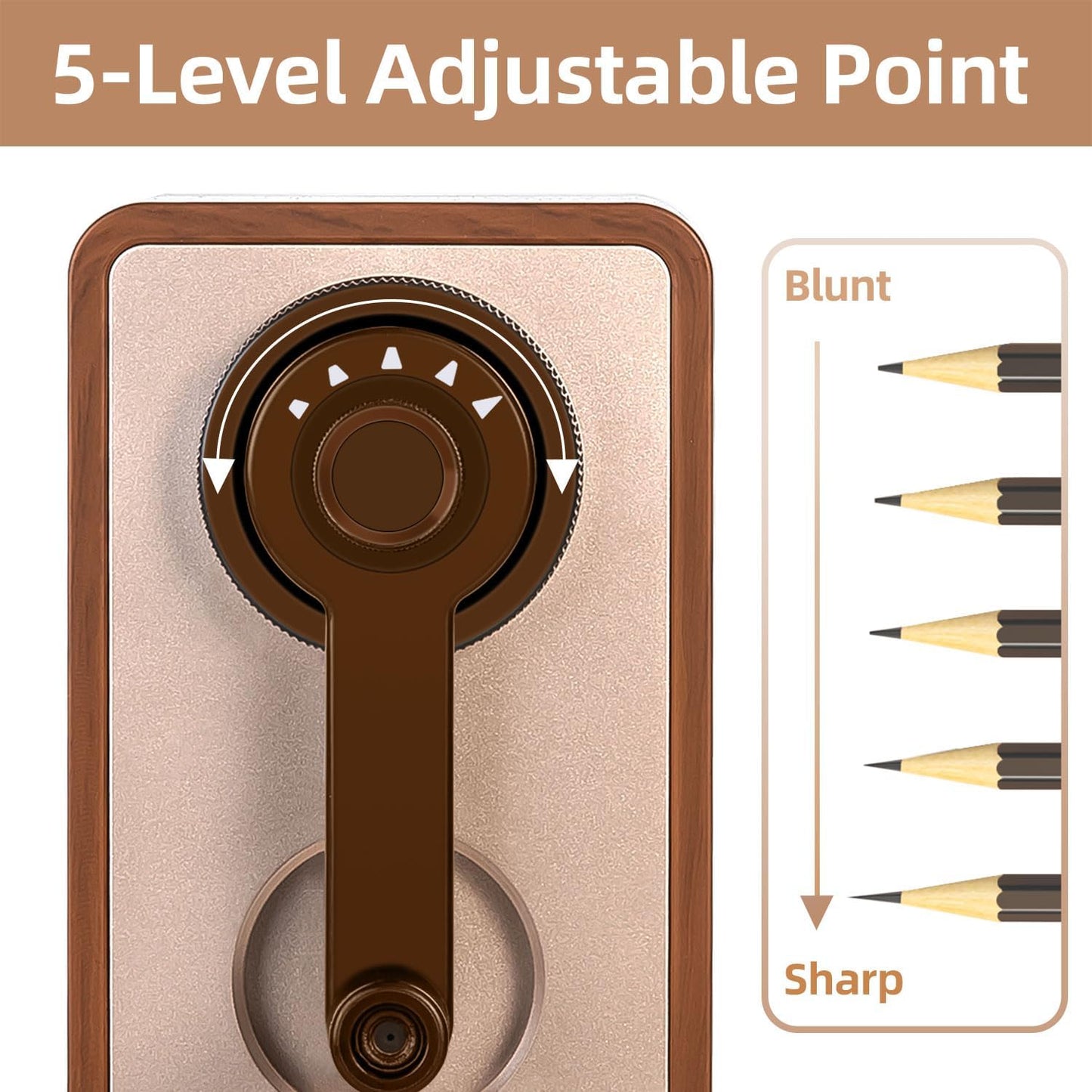 Deli Manual Pencil Sharpener, Auto-in Hand Crank Pencil Sharpener with Adjustable Point for Pencils and Colored Pencils, Pencil Sharpener for Kids, Students, Classroom, Home and Office, Brown