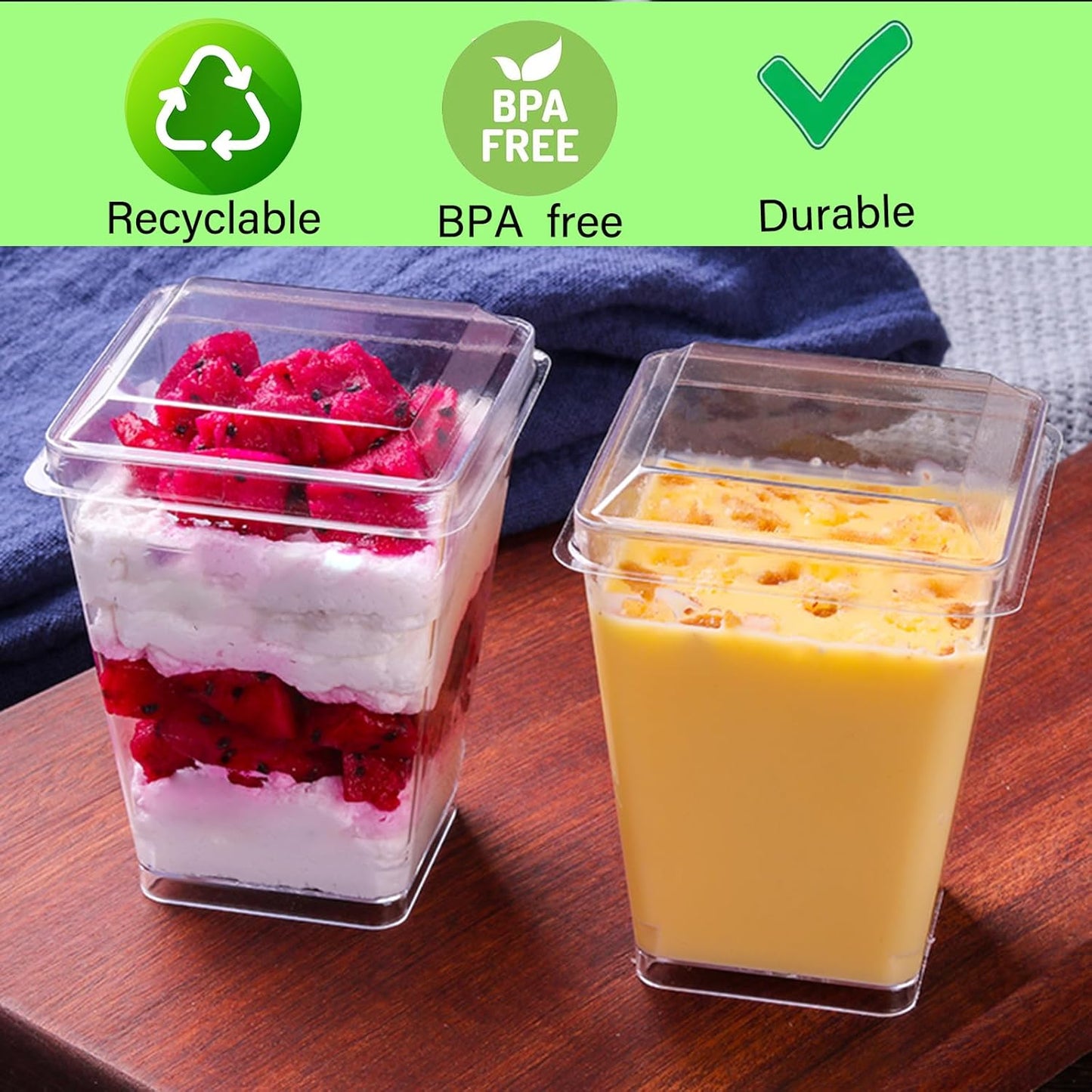 Clear Dessert Cups with Lids and Spoons, 50 Pack 5.4oz Mini Dessert Cups,Clear Square Parfait Appetizer Cup, Reusable Mini Serving Cups for Halloween Thanksgiving Christmas