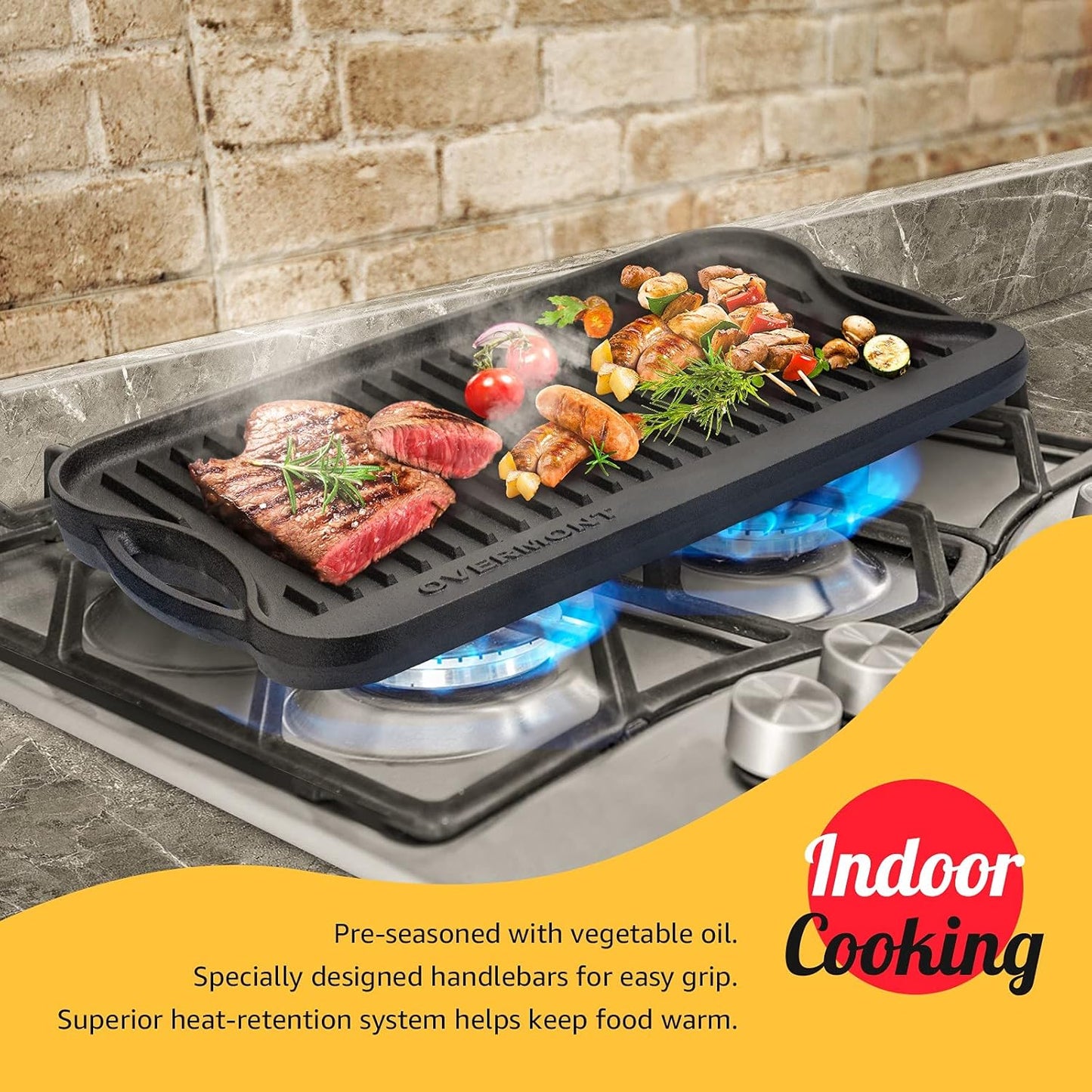 Overmont Reversible Cast Iron Grill Pan 17x9.8 Pre-Seasoned Griddle Skillet for Stove, Oven & Campfire with Scrapers (OM-Griddle) - PuriLite