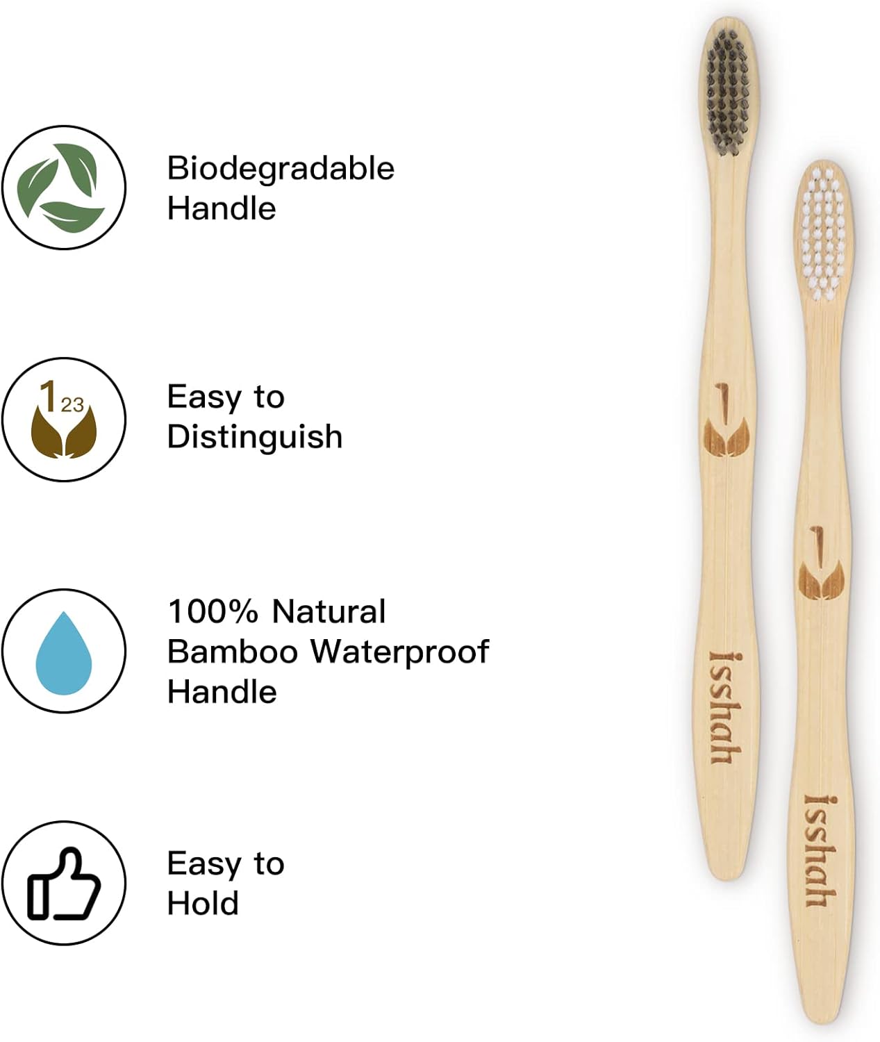 Isshah Biodegradable Eco-Friendly Natural Bamboo Charcoal Toothbrushes, FSC Certified and PETA Approved - 12 Count