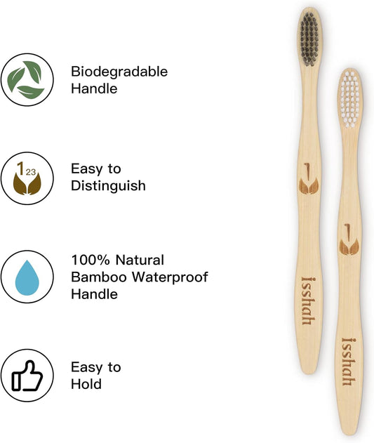 Isshah Biodegradable Eco-Friendly Natural Bamboo Charcoal Toothbrushes, FSC Certified and PETA Approved - 12 Count - PuriLite