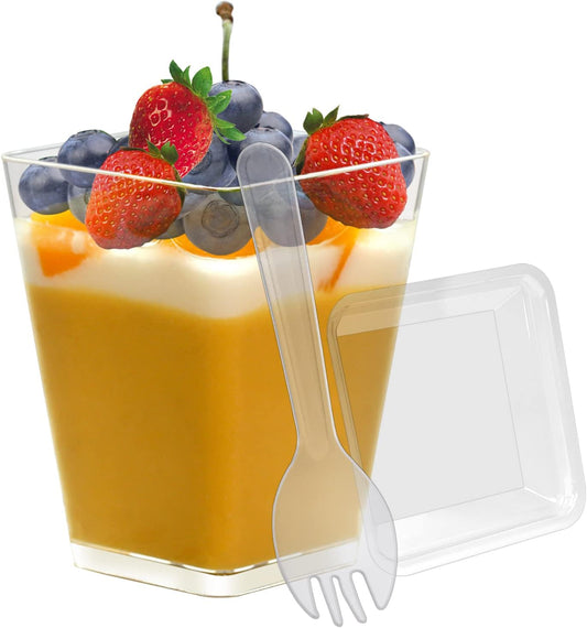 Clear Dessert Cups with Lids and Spoons, 50 Pack 5.4oz Mini Dessert Cups,Clear Square Parfait Appetizer Cup, Reusable Mini Serving Cups for Halloween Thanksgiving Christmas