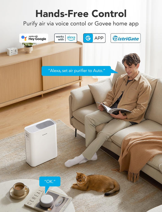 Govee Life Smart Air Purifiers for Home Large Room, H13 True HEPA Air Purifiers for Pets with PM2.5 Sensor, Washable Pre-Filter for Pet Hair Lint, 24dB Large Air Purifier
