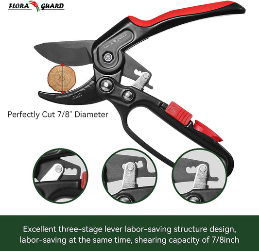 FLORA GUARD Garden Clippers, Professional Ratchet Pruning Shears, Increases Cutting Power 3X, Sharp Gardening Scissors, Cutting Rose, Flower, Hedge, Stem, Tree, Perfect for Weak Hands & Arthritis
