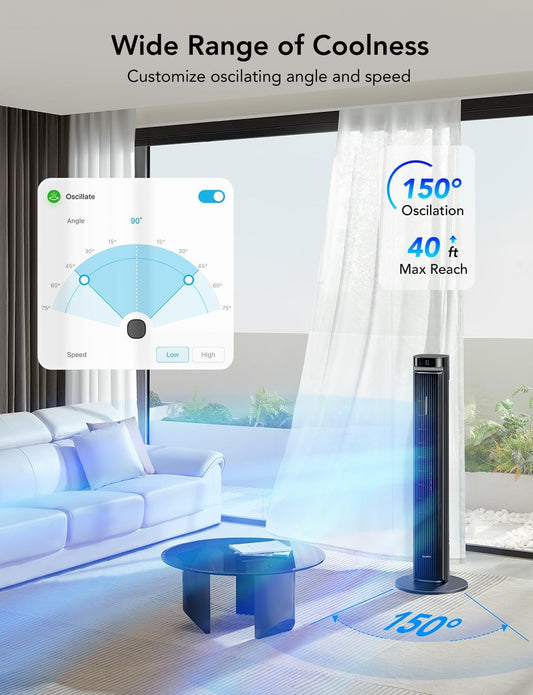 42'' Tower Fan for Bedroom, Smart Floor Fan with 150° Adjustable Oscillating, APP & Voice Control, 5 Modes 12 Speeds up to 26ft/s, 24H Timer, 27dB Quiet Fan for Cooling Home Office Black - PuriLite