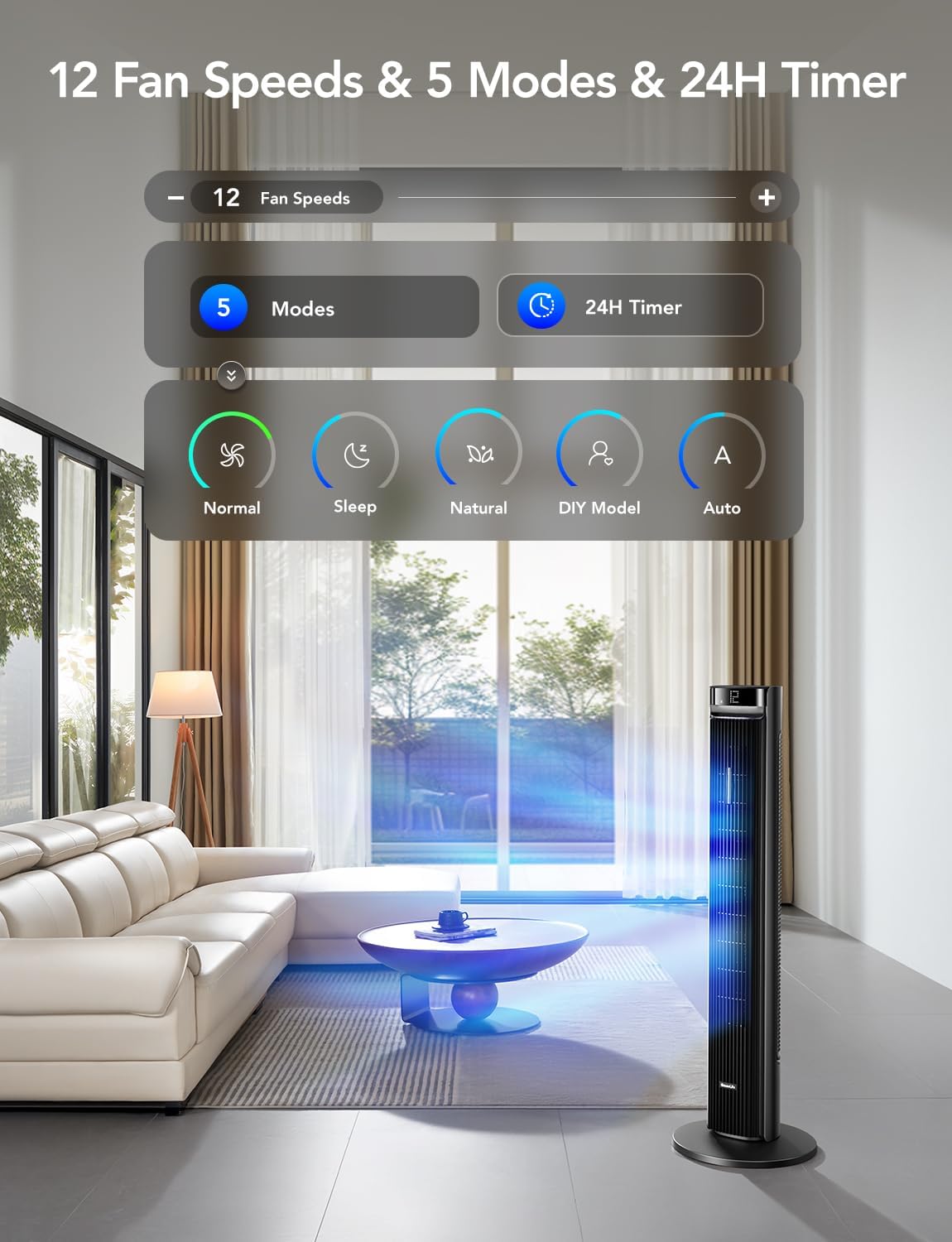 42'' Tower Fan for Bedroom, Smart Floor Fan with 150° Adjustable Oscillating, APP & Voice Control, 5 Modes 12 Speeds up to 26ft/s, 24H Timer, 27dB Quiet Fan for Cooling Home Office Black